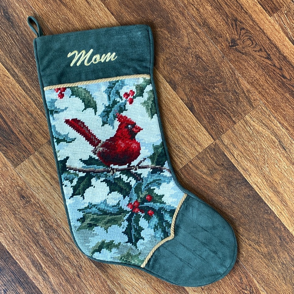 Needlepoint velvet Red Cardinal Christmas Stocking personalized monogrammed Mom